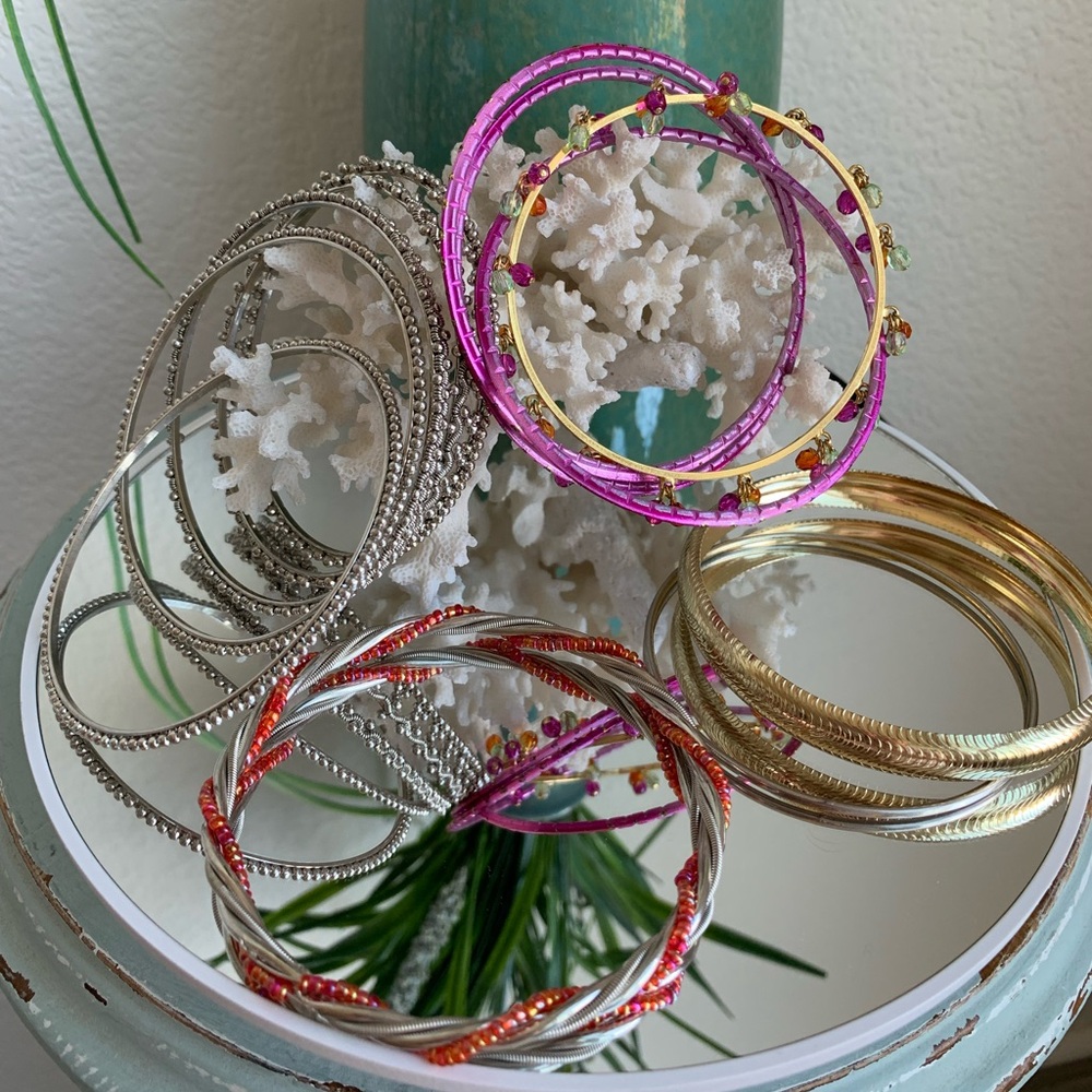 BANGLE BRACELETS Set of 12 | Mixed Metal & Textures | Colorful | Stack Jewelry